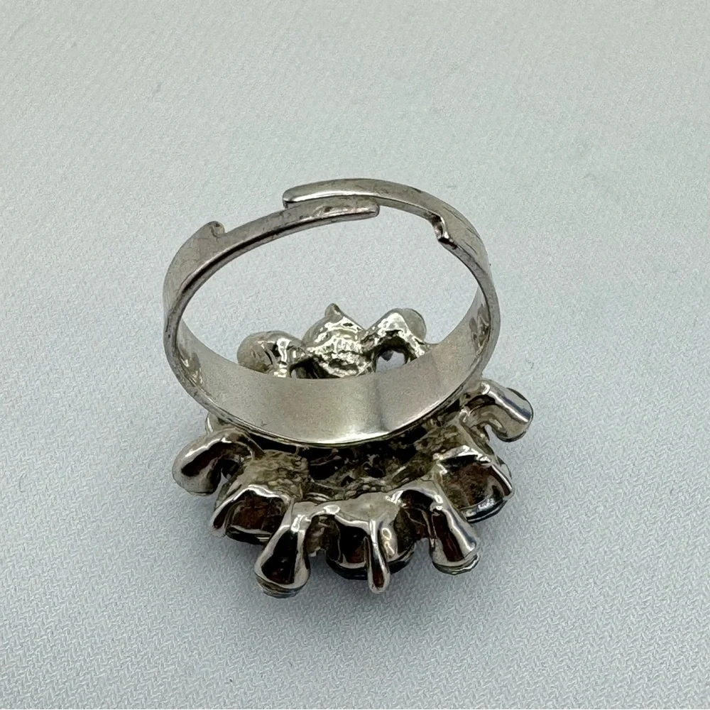 Silver Tone Blue Crystal Rhinestone Flower Adjustable Statement Ring